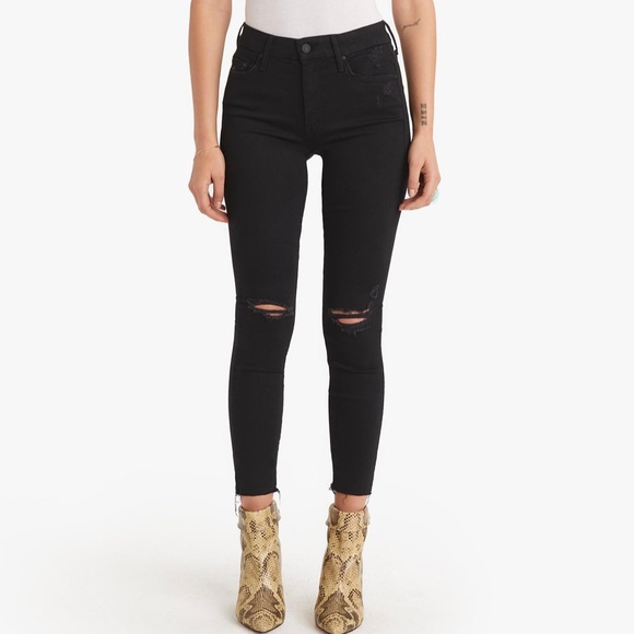 Mother Looker Ankle Fray Jeans Black Distressed 28